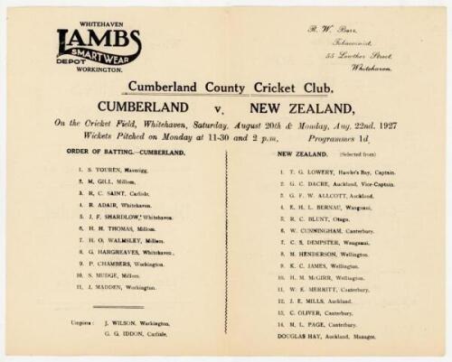 New Zealand inaugural tour to England 1927. Official programme for the Cumberland v New Zealand tour match played at Whitehaven on the 20th & 22nd August 1927. New Zealand won by an innings and 18 runs. Very good condition. Sold with an official souvenir 