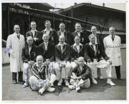 ‘Old England Team 1946’. Mono real photograph postcard of the Old England team seated and standing in rows wearing cricket attire and blazers. Printed title and players’ names to lower border. Players are Hendren, Jardine, Fender, Sutcliffe, Woolley, Knig