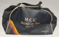 Evelyn Maitland ‘Lyn’ Wellings. Oxford University & Surrey 1928-1931. M.C.C. tour to Australia 1958/59. Original holdall issued to Wellings. The black zip-up holdall with M.C.C. colours, ‘E.M. Wellings’ and ‘M.C.C. Australian Tour 1958-59’ to one side, an