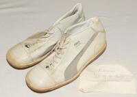 The Ashes. Terry Alderman. Australia. A pair of Puma ‘Lillee’ cricket boots with leather uppers and soles, match worn by Alderman. The boots unsigned, with handwritten note, ‘Terry Alderman’s end of 1981 tour’. Presented to David Frith by Alderman. Good c