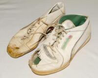 The Ashes. Geoff Lawson. Australia. Two individual cricket boots match worn by Lawson in the Ashes series of 1985 and 1989, both signed and presented to David Frith by Lawson. Puma ‘Ace’, signed ‘Geoff Lawson. The Ashes 1985’, the other by Reebok signed b