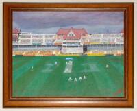 ‘Storm over Trent Bridge’. Frank Tyson, May 2003. A colourful original painting on board by former Northamptonshire and England fast bowler Frank Tyson, The painting depicts the new Radcliffe Road three tier stand built in 1998 with cricket match in progr