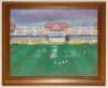 ‘Storm over Trent Bridge’. Frank Tyson, May 2003. A colourful original painting on board by former Northamptonshire and England fast bowler Frank Tyson, The painting depicts the new Radcliffe Road three tier stand built in 1998 with cricket match in progr