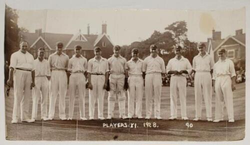 ‘Players XI 1928’. Very large original photograph of the Players XI who played the Gentlemen at Dean Park, Bournemouth on the 5th to 7th September 1928. The players are featured standing in line on the pitch and feature Phil Mead (Cpt), Kilner, Shipman, G