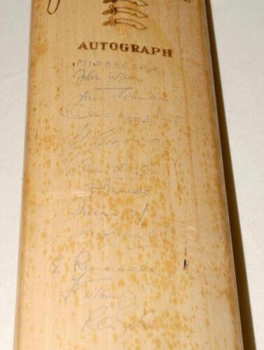 Middlesex, Surrey and Vic Lewis XI c1959. Lillywhite Frowd ‘Jack Robertson’ Autograph cricket bat signed to face by the Middlesex and Surrey teams. Twenty-three signatures including Warr (Cpt), Robertson, Compton, Edrich, Titmus, Gale, Russell, May (Cpt),