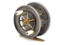 A good Allcock Arial Popular 3" model 8902 centre pin reel, caged and six spoked alloy drum with twin xylonite handles, solid front and rear flanges, twin release regulator/release forks, brass stancheon foot, rear sliding optional check button and bar sp