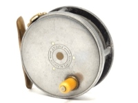 A Hardy Perfect 3 1/8" trout fly reel, ivorine handle, brass foot (filed and slightly bent), strapped rim tension screw and 1906 calliper spring check mechanism, contracted drum with four rim cusps and milled nickel silver locking screw, faceplate stamped