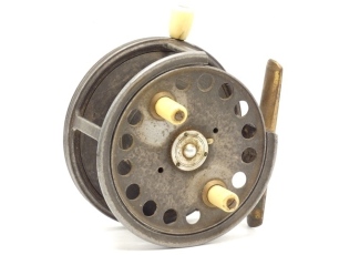 A Hardy Silex No.2 4 ½" wide drummed bait casting reel, shallow cored drum with twin ivorine handles and three screw spring release latch, brass foot, cut-away rim section, rim mounted ivorine casting trigger and milled tension screw with rear brass weigh