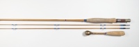 A good Farlow's "150" 2piece (2 tips) limited edition cane trout fly rod, no. 86/150, 7'10", #5, blue/crimson tipped silk wraps, snakewood reel seat with nickel silver screw grip fitting, swollen butt section, staggered suction ferrule, with matching can