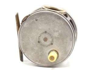 A scarce Hardy Perfect 4 ½" salmon fly reel, "Eunuch" model (no ball bearings), ivorine handle, brass foot, revolving nickel silver line guide, strapped rim tension screw and 1912 check mechanism, drum with milled nickel silver locking screw and faceplate
