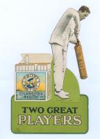 ‘Two Great Players’ c.1930s. Original colour advertising display card produced by for John Player & Sons Navy Cut cigarettes depicting a partially cut-out figure of Frank Woolley in batting pose beside a cigarette packet, on a green background. Issued by 