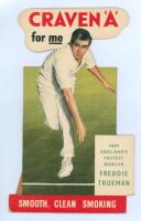 ‘Craven ‘A’ for me says England’s fastest bowler Freddie Trueman’ c.1950. Original colour advertising showcard depicting a youthful figure of Trueman in bowling pose. Series no. C.A. 562/4. Stand-up flap to verso. 8.75”x14”. Slight creasing and minor wear