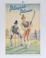 ‘Player’s Please. Favourite Through the Years’ c.1940/50s. Large original colour advertising showcard published by The Imperial Tobacco Company. The card depicts a c.1850s cricket match with batsman, wicket keeper and fielders, with only two stumps and o