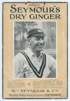 ‘Drink Seymour’s Dry Ginger’ 1925. Original advertising showcard published by Wm. Seymour & Co., Mineral Water Manufacturers, Sherbourne in 1925. The card depicts a mono image of a smiling Hobbs with printed dedication and signature, produced to celebrate
