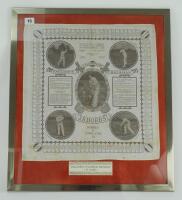 ‘England’s Champion Batsman. J.B. Hobbs. Surrey & England XI’ 1922. Large linen handkerchief with printed headings and five images of Hobbs in various batting poses plus total runs and average in first class cricket up to 1922. Listed to outer border are 