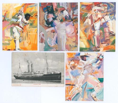 West Indies. Four colourful greetings cards, each featuring a reproduction of oil paintings by David Skinner, produced in 1994. Subjects are ‘Sir Gary[sic] offdrives’, ‘Greenidge Hooking’, ‘Dessie [Haynes]’ and ‘Master Blaster’. Very good condition. Sold 