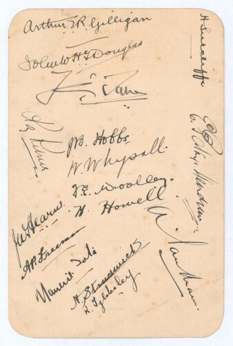 M.C.C. tour to Australia 1924/25. Official menu card for breakfast on the ‘P.& O. R.M.S. Maloja’, dated 13th April 1925, on which the main touring party returned to England. Fully signed in ink to verso by the sixteen members of the touring party who were