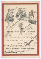‘Complimentary Dinner to the South African Team’ 1929. Official folding menu for the dinner given by the M.C.C. at the Lord’s Hotel, London, 3rd June 1929. ‘The President, Field Marshall Lord Plumer, in the Chair’. The front cover with printed titles belo