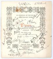 M.C.C. tour to Australia 1929/30. Official menu for the dinner given ‘In honour of the M.C.C. Australian Team’ at the Mansion House, London, 18th July 1929, with the Lord Mayor presiding. The four page menu bound in to wrappers with decorative floral bord