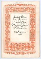 Clarence Victor ‘Clarrie’ Grimmett. Victoria, South Australia & Australia 1918-1941. ‘Farewell Dinner to the Australian Cricket Team’ 1930. Excellent and rare 24pp menu for the dinner held at Merchant Taylors’ Hall, London on 8th September 1930. The front
