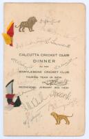 M.C.C. tour of India & Ceylon 1933/34. Official menu for the ‘Calcutta Cricket Club Dinner to the Marylebone Cricket Club Touring Team in India on Wednesday, January 3rd 1934’. The cover of the menu with titles to centre and decorated with the raised colo