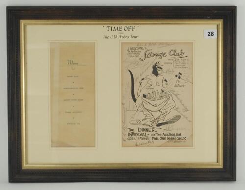 ‘A Welcome to the Australian Cricketers from the Savage Club’ original one page menu for a Dinner given to the Australian team on the 28th May 1938. A cricket cartoon depicting a kangaroo batsman by Tom Webster to the front cover, menu to verso. The menu 