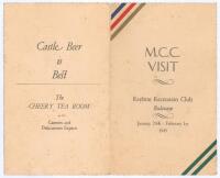 M.C.C. tour of South Africa 1948/49. Rare official folding luncheon menu for the ‘M.C.C. Visit’ to the Raylton Recreation Club, Bulawayo from January 29th- February 1st 1949. Decorative cover with title and colours. With menu to inside and nicely signed i