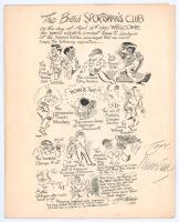 West Indies tour to England 1950. Large official folding menu for the luncheon given to welcome ‘The West Indies Cricket Team 1949’ by the British Sportsman’s Club at the Savoy Hotel, 18th April 1950. To the front is a cartoon by Tom Webster depicting a s