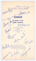 India tour to England 1952. Official folding menu for the Northern Cricket Society ‘Dinner in honour of the Indian Cricketers’ held at the Guildford Hotel, Leeds, 6th June 1952. Very nicely signed in ink to the front page by fourteen attendees and one to 