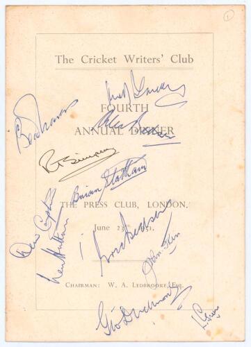 The Cricket Writers’ Club Fourth Annual Dinner 1951. Official menu for the Dinner held at The Press Club, London on the 23rd June 1951, the Dinner included a presentation to ‘The Best Young Cricketer of 1950’, Roy Tattersall. The menu is signed to the fro