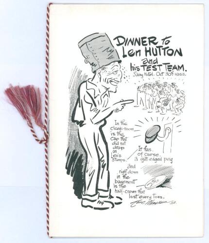 ‘Complimentary Dinner to Len Hutton and his Test team in acknowledgement of their success in winning the Ashes’. Official menu booklet for Claude R. Harper’s Dinner held at the Savoy Hotel on the 30th October 1953. Front cover caricature illustration by 