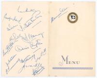 M.C.C. tour of the West Indies 1953/54. Fyffes Line ‘S.S. Ariguani’ official dinner menu with printed detail of menu to inside pages, dated 19th April 1954. Nicely signed in ink to front by Sonny Ramadhin, and to rear by fifteen members of the M.C.C. tour