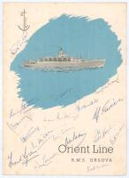 M.C.C. tour of Australia 1954/55. Orient Line R.M.S. Orsova folding menu for the ‘Book Dinner’ held on board 19th September 1954. Seventeen signatures in ink of members of the M.C.C. touring party to front cover. Signatures are Hutton (Captain), Bailey, S