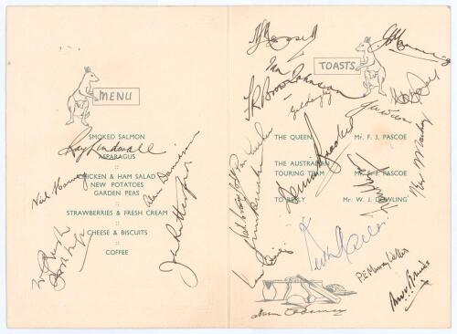 Australian Tour to England 1956. Official folding menu for ‘Dinner to the Australian Touring Team’ held at British Timken Limited, Duston, 13th June 1956, during the tour match against Northamptonshire. The menu with printed title to front, Australia and 