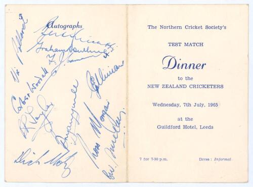 New Zealand tour to England 1965. Small original folding menu for the &lsquo;Northern Cricket Society&rsquo;s Test Match Dinner to the New Zealand Cricketers&rsquo; held at the Guildford Hotel, Leeds, 7th July 1965. Eleven signatures in blue ink to the rear autographs page