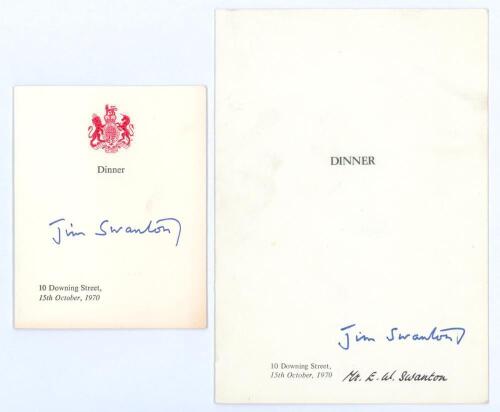 E.W. ‘Jim’ Swanton. Small official folding menu for a dinner at 10 Downing Street, 15th October 1970, hosted by the Prime Minister, Edward Heath. Sold with an accompanying folding table plan. Both issued to and signed by Jim Swanton who attended the dinne