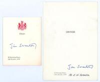 E.W. ‘Jim’ Swanton. Small official folding menu for a dinner at 10 Downing Street, 15th October 1970, hosted by the Prime Minister, Edward Heath. Sold with an accompanying folding table plan. Both issued to and signed by Jim Swanton who attended the dinne