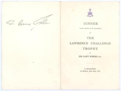 Garry Sobers. West Indies. Official folding menu for the dinner for the presentation of ‘The Lawrence Challenge Trophy’ to Sobers, held at Quaglino’s Restaurant, London, 28th April 1975. Signed to the back in ink by Sobers. Good/ very good condition.