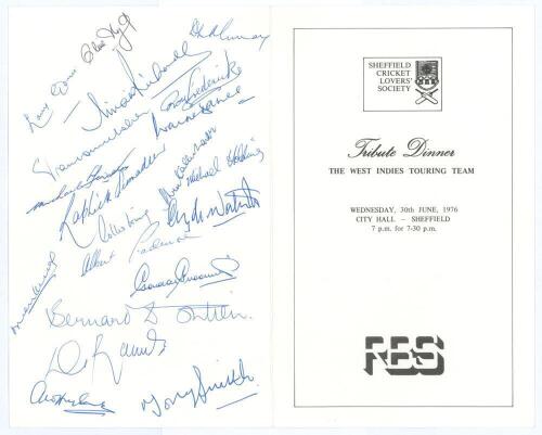 West Indies tour to England 1976. Official folding menu for the ‘Tribute Dinner’ given by the Sheffield Cricket Lovers’ Society to the West Indies Touring Team, held at City Hall, Sheffield, 30th June 1976. Twenty one signatures to the back page including