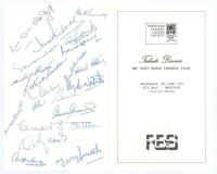 West Indies tour to England 1976. Official folding menu for the ‘Tribute Dinner’ given by the Sheffield Cricket Lovers’ Society to the West Indies Touring Team, held at City Hall, Sheffield, 30th June 1976. Twenty one signatures to the back page including