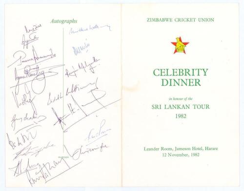 Sri Lanka tour to Zimbabwe 1982. Official folding menu for the ‘Celebrity Dinner in honour of the Sri Lankan Tour 1982’ held at the Jameson Hotel, Harare, 12th November 1982. Signed in ink to the rear ‘Autographs’ page by seventeen members of the Sri Lank