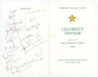 Sri Lanka tour to Zimbabwe 1982. Official folding menu for the ‘Celebrity Dinner in honour of the Sri Lankan Tour 1982’ held at the Jameson Hotel, Harare, 12th November 1982. Signed in ink to the rear ‘Autographs’ page by seventeen members of the Sri Lank