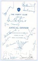 ‘The Forty Club’. Official menu for the ‘Annual Dinner’ held at the London Hilton, Park Lane, 23rd October 1992. The 16pp menu in card wrappers with lists of attendees, menu, toast list etc. to pages. Nicely signed in ink to front cover by fourteen attend