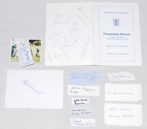 Hampshire C.C.C. 1930s-1980s. A selection of autographs in ink on pieces and pages of Hampshire players. Signatures are H. Horton (2), D. O’Sullivan, R. Moore, B. Richards (3), I. McCorkell (2), also an official menu for the Hampshire C.C.C. Committee Din