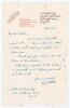 John Berry ‘Jack’ Hobbs. Surrey & England 1905-1934. Single page handwritten letter written in ink from Hobbs to Arthur Wellard (Somerset & England 1927-1950), dated 6th October 1933. Hobbs thanks Wellard ‘for playing in my team at Wimbledon’ and encloses