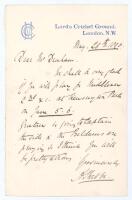 Alexander J. Webbe. Middlesex & England 1875-1900. One page handwritten letter, on ‘M.C.C. Lord’s Cricket Ground’ headed paper, from Webbe to Mr Denham regarding playing for Middlesex 2nd XI. Dear Mr Denham, We shall be very glad if you will play for Midd