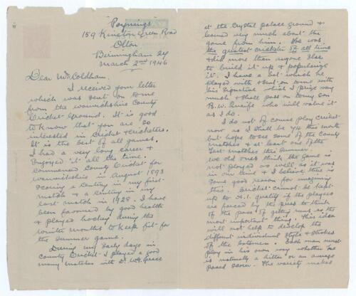 William George Quaife. Warwickshire & England 1894-1928. Three page airmail letter, handwritten in ink to the cricket historian and writer, J.D. Coldham, and dated 2nd March 1946 with good cricket content. Quaife describes scoring centuries on his Warwick