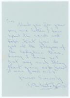 Thomas Bignall ‘Tommy’ Mitchell. Derbyshire & England 1928-1939. Single page handwritten letter in ink from Mitchell to a collector. The undated letter written in later years, probably c.1990. Mitchell is replying to a request to sign a collection of ciga