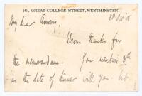 Hon Alfred Lyttelton. Cambridge University, Middlesex & England 1876-1887. Short handwritten note on small ‘Great College Street, Westminster’ headed card, dated 28th October 1906. Lyttelton writes to confirm the date of a dinner engagement. Nicely signed