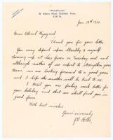 John Berry ‘Jack’ Hobbs. Surrey & England 1905-1934. Single page neatly handwritten letter on ‘Woodthorpe, Clapham Park’ letterhead from Hobbs, dated 19th January 1930. Writing to ‘Colonel Wynyard’, Hobbs states ‘You may depend upon Struddy [Herbert Strud